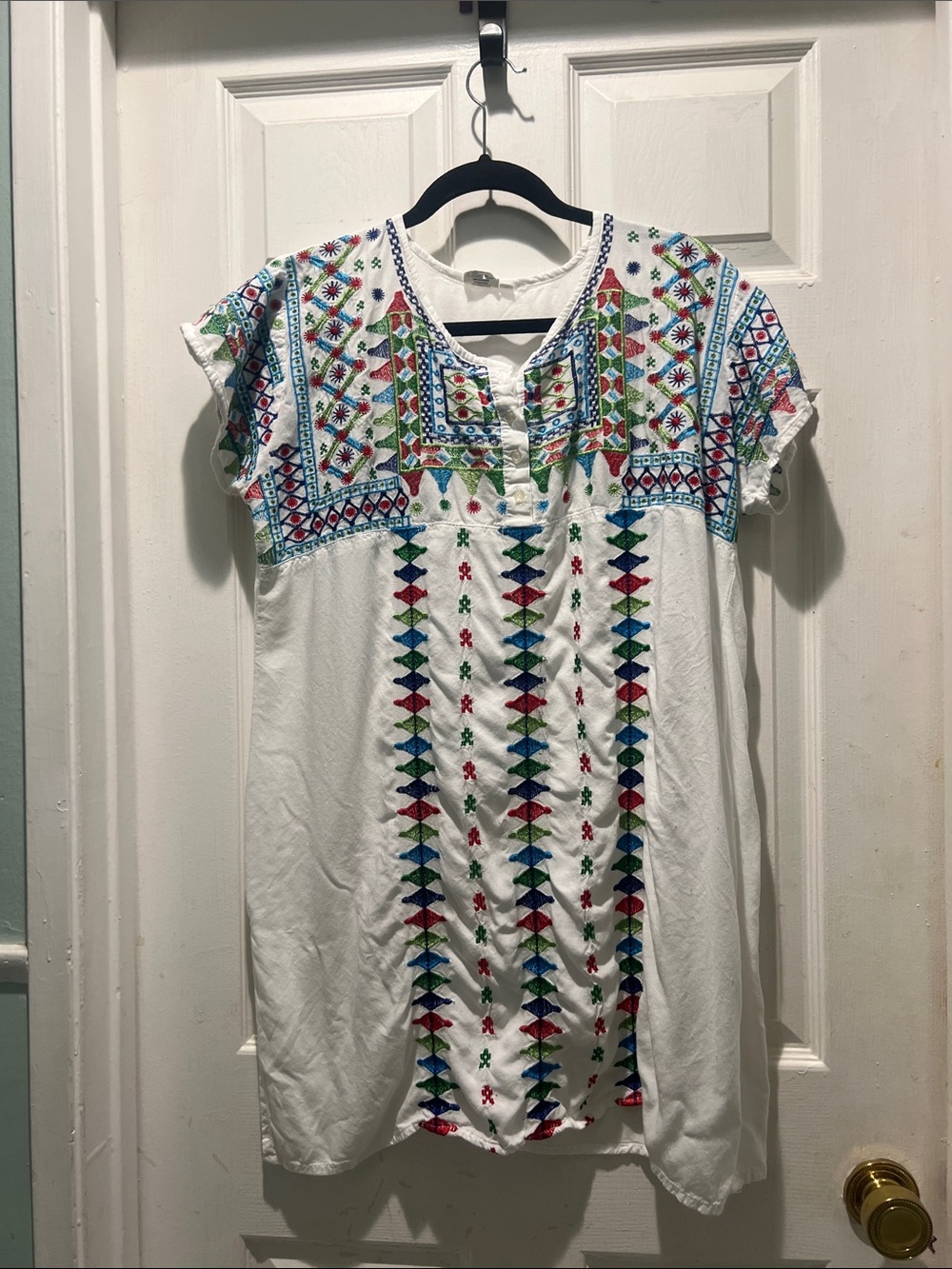 Asha White Embroidered Midi Dress with Multicolor Folk Stitching